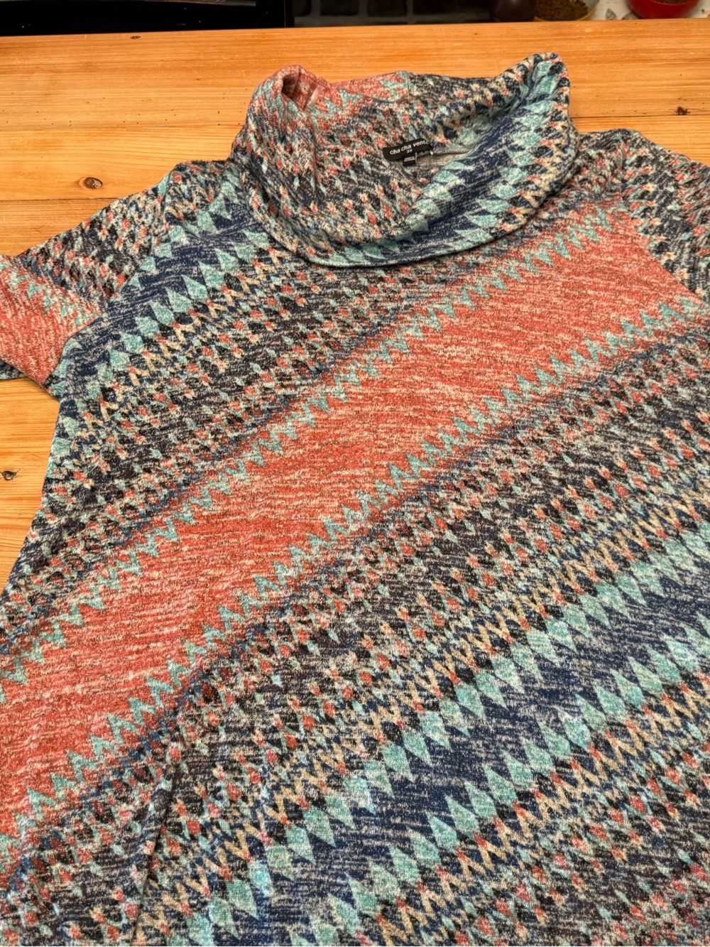 cha cha vente Multicolor Knit Cowl Neck Sweater — Rust, Teal & Navy